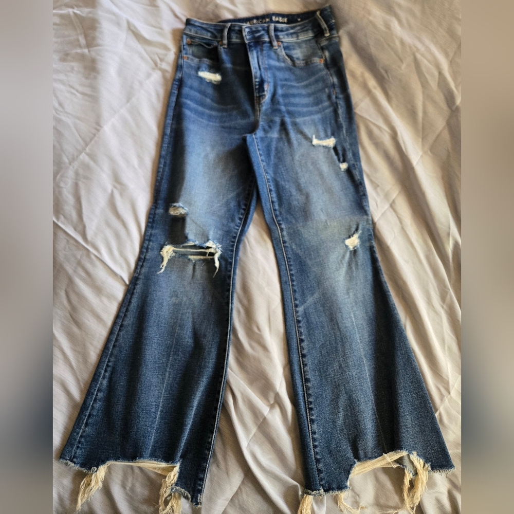 American Eagle Outfitters Ripped Blue Wide Leg Cropped Jeans